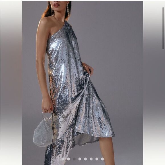 NEW Anthropologie Maeve Sequin One Shoulder Ruffle Midi Dress Silver - Picture 11 of 13